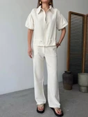 Keten Tam Fermuarlı Kısa kollu Gömlek Pantolon ikili Takım - Beyaz thumbnail 5
