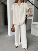 Keten Kısa Kollu Cepli Gömlek Pantolon ikili Takım - Beyaz thumbnail 4