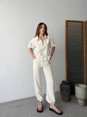 Keten Tam Fermuarlı Kısa kollu Gömlek Pantolon ikili Takım - Beyaz thumbnail 1