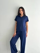 Osy Modal Yumuşak Dokulu Kumaş Kısa Kollu Yakalı T-shirt Pantalon ikili Takım- Lacivert thumbnail 6