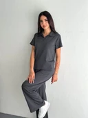 Osy Modal Yumuşak Dokulu Kumaş Kısa Kollu Yakalı T-shirt Pantalon ikili Takım- Antrasit thumbnail 5