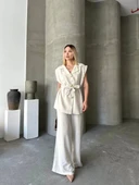 Keten Sıfır Kol Kuşaklı Ceket Pantolon ikili Takım - Beyaz thumbnail 3