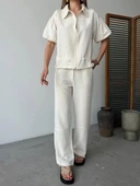 Keten Tam Fermuarlı Kısa kollu Gömlek Pantolon ikili Takım - Beyaz thumbnail 3
