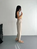 Kadın Yüksel Bel Beli Bağcıklı Rahat Boru Paça Pantalon - Kırık Beyaz thumbnail 5