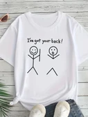 Kadın Beyaz "I've Got Your Back" Grafik Tişört - Eğlenceli Çubuk Tasarımlı Oversize Günlük Kısa Kollu Tişört, Polyester thumbnail 1