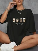 20/1 Penye Compack Baskılı Oversize Kahve Desenli Kadın Kısa Kol Yazlık T-shirt - Siyah thumbnail 1