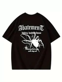 Örümcek Ağı Desenli Baskılı Oversize Bisiklet Yaka T-shirt - Siyah thumbnail 3