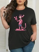 20/1 Penye Compack Pembe Panter Baskılı Oversize Bisiklet Yaka Kısa Kol Yazlık T-shirt - Beyaz thumbnail 1