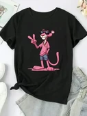 20/1 Penye Compack Pembe Panter Baskılı Oversize Bisiklet Yaka Kısa Kol Yazlık T-shirt - Beyaz thumbnail 2