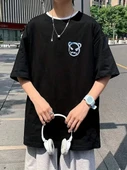 20/1 Penye Compack Bisiklet Yaka Kore tarzı sevimli ayı baskı Kısa Kol Erkek t-shirt - Siyah thumbnail 4