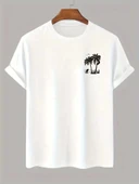 20/1 Penye Compack Palmiye Baskılı Oversize Bisiklet Yaka Kısa Kol T-shirt - Beyaz thumbnail 1