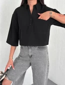 Z Krep Kadın Crop Yakalı Gömlek İlik Düğmeli Üç Çeyrek Sleeve Kol - Siyah thumbnail 6