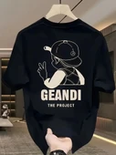 Geniş Kesim Pamuklu Tişört - "GANDHI The Project" Baskılı, Siyah, Rahat Kesim, Kısa Kollu, Günlük Kıyafet, Her Gün Giyil thumbnail 1