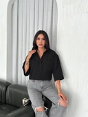 Z Krep Kadın Crop Yakalı Gömlek İlik Düğmeli Üç Çeyrek Sleeve Kol - Siyah thumbnail 2