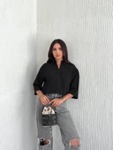 Z Krep Kadın Crop Yakalı Gömlek İlik Düğmeli Üç Çeyrek Sleeve Kol - Siyah thumbnail 5