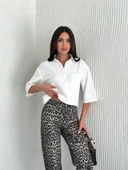 Z Krep Kadın Crop Yakalı Gömlek İlik Düğmeli Üç Çeyrek Sleeve Kol - Beyaz thumbnail 4