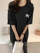 Kadın Eğlenceli Harf NY Baskılı Bisiklet Yaka Tişört - Rahat Polyester, Makinede Yıkanabilir - Yaz ve Fitness için Mükem thumbnail 2