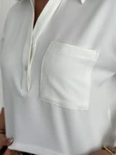 Z Krep Kadın Crop Yakalı Gömlek İlik Düğmeli Üç Çeyrek Sleeve Kol - Beyaz thumbnail 6