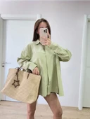 Poplin Kadın Yakalı Yandan Yırtmaçlı Arka Pens Detaylı Gömlek - Yeşil thumbnail 3