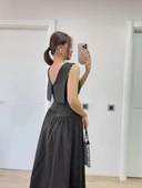 Krep Arkası Kanat Arka Ön Pens Detaylı Uzun Kadın Elbise - Siyah thumbnail 4