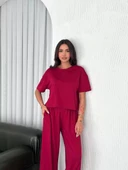 Osy Modal Yumuşak Dokulu Kumaş Bisiklet Yaka T-shirt Bol paça Pantalon ikili Takım -Bordo thumbnail 3