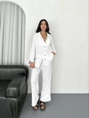 Yakalı Düğmeli Uzun Kollu Gömlek Pantolon ikili Takım - Beyaz thumbnail 2