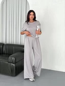 Osy Modal Yumuşak Dokulu Kumaş Bisiklet Yaka T-shirt Bol paça Pantalon ikili Takım - Boyalı Gri thumbnail 2