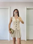 Keten Takım Görünümlü Düğme Detaylı Yelekli Mini Elbise - Bej thumbnail 5