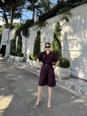 Kadın Yakalı Gömlek Kemerli Şortlu Takım - Bordo thumbnail 3