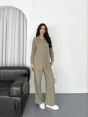 Yakalı Düğmeli Uzun Kollu Gömlek Pantolon ikili Takım - Bej thumbnail 4