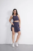 Sendy Kumaş Bisiklet Yaka Crop Şortlu Etek ikili Takım - Antrasit thumbnail 1