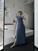 Keten Yandan Yırtmaçlı Uzun Elbise Sıfır Kol Elbise - Mavi thumbnail 3