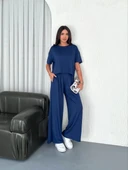 Osy Modal Yumuşak Dokulu Kumaş Bisiklet Yaka T-shirt Bol paça Pantalon ikili Takım -Saks Mavi thumbnail 7