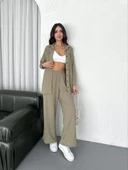 Yakalı Düğmeli Uzun Kollu Gömlek Pantolon ikili Takım - Bej thumbnail 3