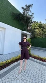 Kadın Yakalı Gömlek Kemerli Şortlu Takım - Bordo thumbnail 2