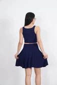 Sendy Kumaş Bisiklet Yaka Crop Şortlu Etek ikili Takım - Lacivert thumbnail 5