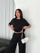 Osy Modal Yumuşak Dokulu Kumaş Bisiklet Yaka T-shirt Bol paça Pantalon ikili Takım -Siyah thumbnail 1