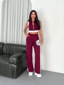 Osy Modal Yumuşak Dokulu Kumaş Tam Fermuarlı Crop Pantalon İkili Takım - Bordo thumbnail 1