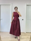 Krep Arkası Kanat Arka Ön Pens Detaylı Uzun Kadın Elbise - Bordo thumbnail 2