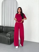 Osy Modal Yumuşak Dokulu Kumaş Bisiklet Yaka T-shirt Bol paça Pantalon ikili Takım -Bordo thumbnail 5