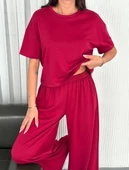 Osy Modal Yumuşak Dokulu Kumaş Bisiklet Yaka T-shirt Bol paça Pantalon ikili Takım -Bordo thumbnail 1