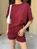 Osy Modal yumuşak dokulu Kumaş Kadın Parçalı Bisiklet Yaka T-shirt Mini Şortlu Etek İkili Takım -Bordo thumbnail 2