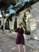 Kadın Yakalı Gömlek Kemerli Şortlu Takım - Bordo thumbnail 4