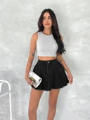 Şık Pileli Yazlık Mini Etekli Kot- Siyah - 1