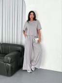 Osy Modal Yumuşak Dokulu Kumaş Bisiklet Yaka T-shirt Bol paça Pantalon ikili Takım - Boyalı Gri thumbnail 1