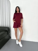 Osy Modal yumuşak dokulu Kumaş Kadın Parçalı Bisiklet Yaka T-shirt Kısa Şort İkili Takım - Bordo thumbnail 4