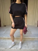 Osy Modal yumuşak dokulu Kumaş Kadın Parçalı Bisiklet Yaka T-shirt Mini Şortlu Etek İkili Takım - Siyah thumbnail 4