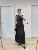 Krep Arkası Kanat Arka Ön Pens Detaylı Uzun Kadın Elbise - Siyah thumbnail 3