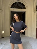 Osy Modal yumuşak dokulu Kumaş Kadın Parçalı Bisiklet Yaka T-shirt Mini Şortlu Etek İkili Takım - Füme thumbnail 1