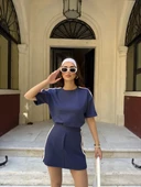 Osy Modal yumuşak dokulu Kumaş Kadın Parçalı Bisiklet Yaka T-shirt Mini Şortlu Etek İkili Takım -Lacivert thumbnail 1